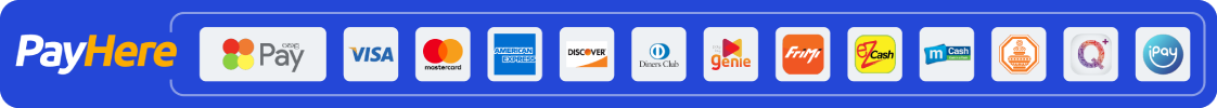 PayHere – Visa, Mastercard, American Express, Discover, Diners Club, Genie, FriMi, eZ Cash, mCash, LankaQR and iPay