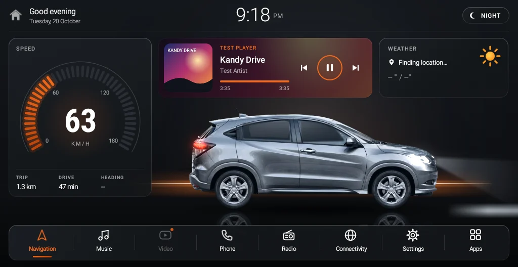 Drive Launcher home screen at night: speedometer, now playing, weather and a gray car with its headlights on